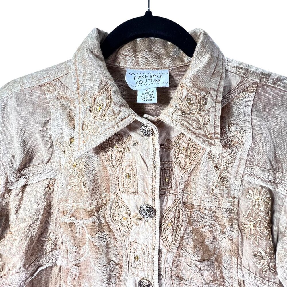 FlashBack Couture Gold Embroidered Embellished Jacket Beaded Button Down Pockets
